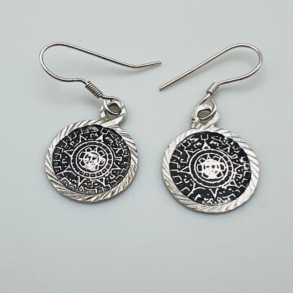 Mexico 925 Silver Dangle Earrings Aztec Calendar Disc Drop Artisan Style